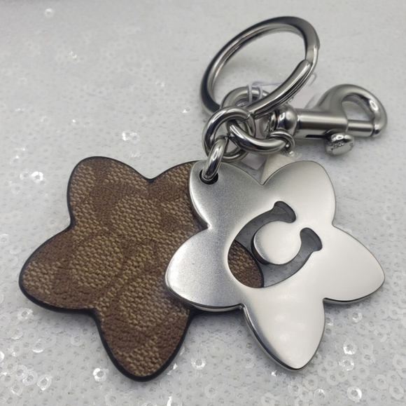 Coach Wildflower Silvertone & Khaki  Signature Logo Bag Charm Keyring - Picture 2 of 10